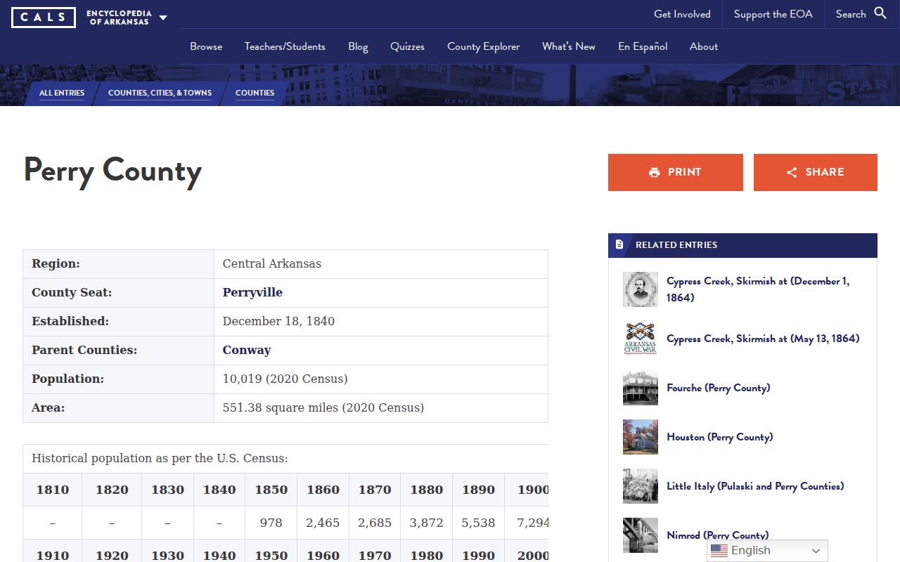 Encyclopedia of Arkansas history page for Perry County