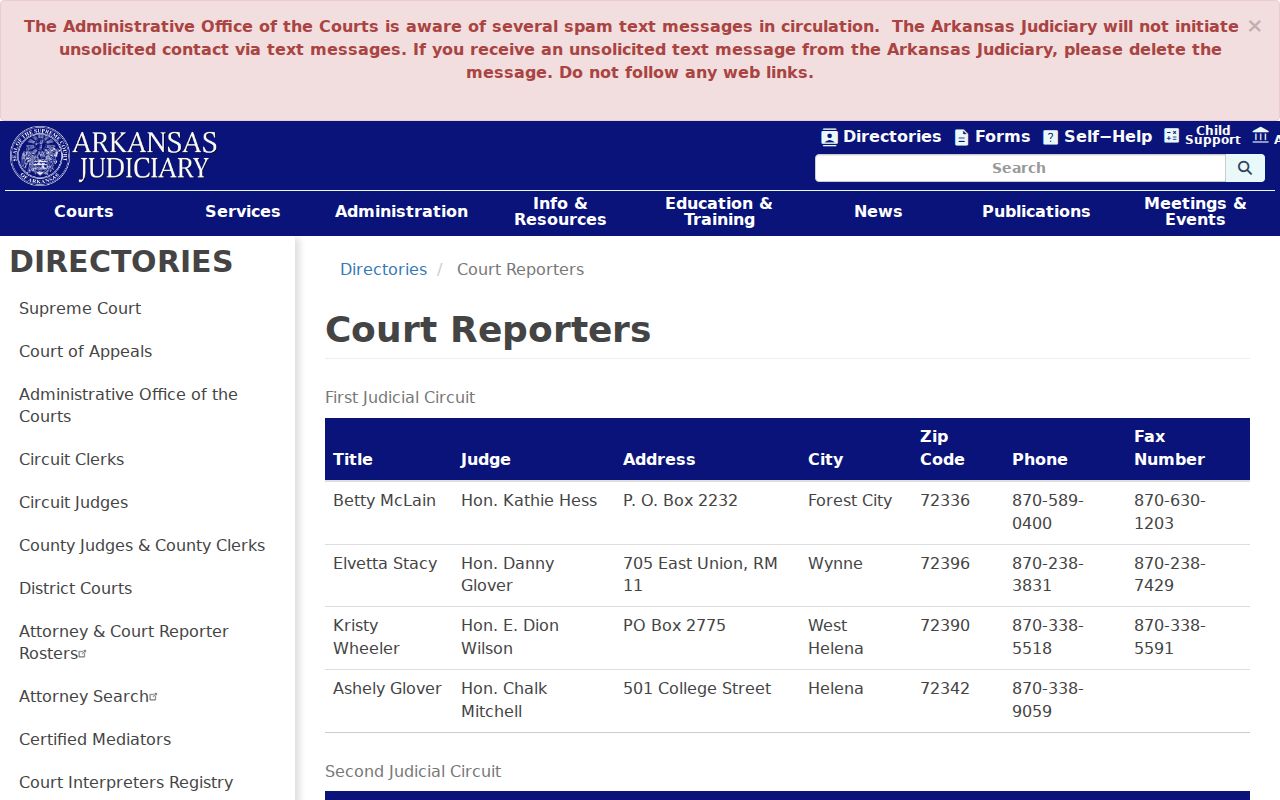 Arkansas Judiciary court reporter directory used for transcript requests