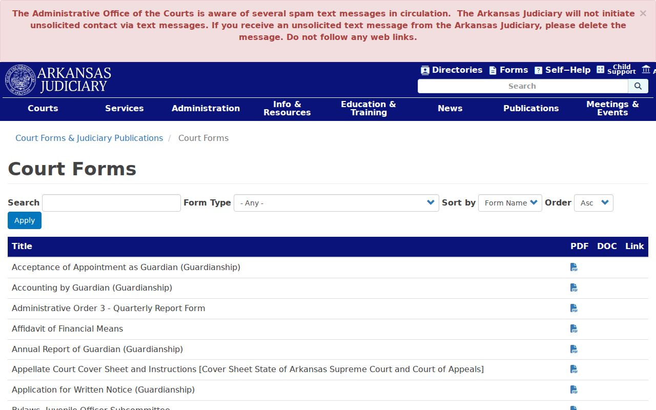 Arkansas Judiciary official court forms and publications index