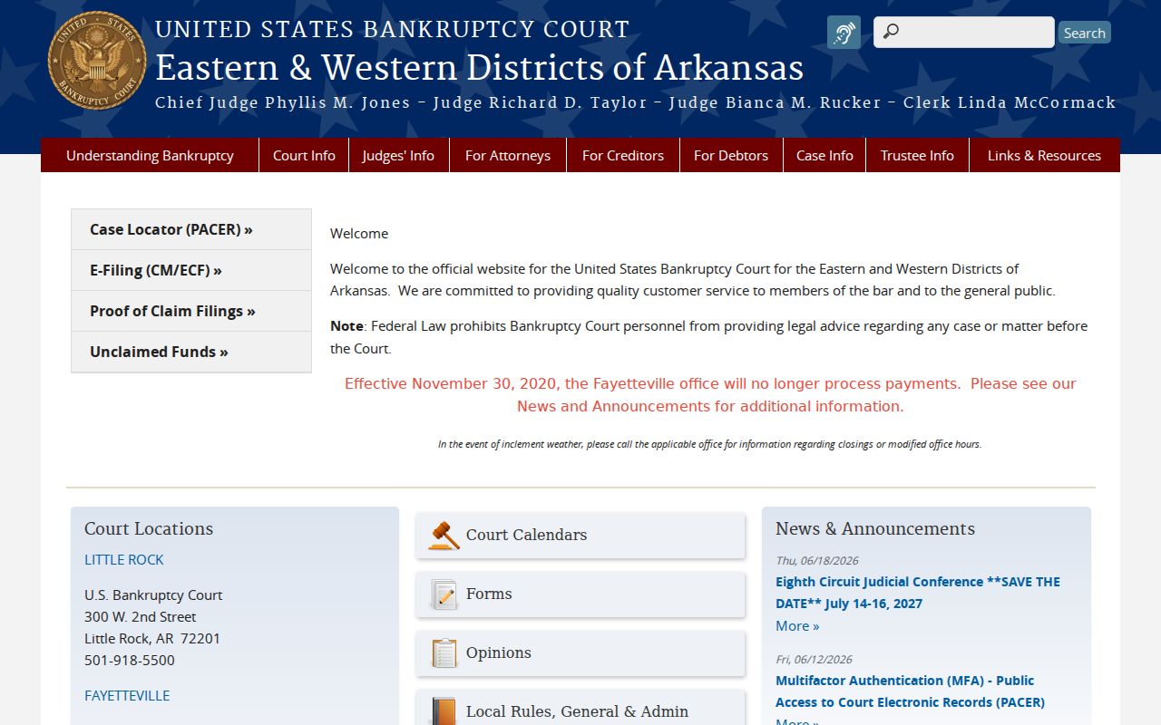 U.S. Bankruptcy Court for the Eastern and Western Districts of Arkansas official site